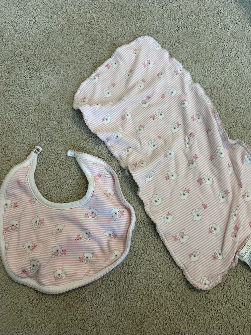 Kissy Kissy Pink Striped Bib and Burp Cloth Set with Animal Print